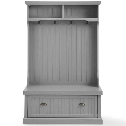 Pemberly Row Coastal Wood Hall Tree, Distressed Gray and Chrome Finish, 64.5" H x 40" W x 18.5" D, Entryway Bench with Coat Rack, Storage Cubbies, Beadboard Accents for Mudroom or Foyer