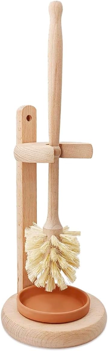 14 Inch ELDR Supply Toilet Bowl Cleaner Brush with Holder, Extra Long German Beechwood Handle, Strong Hemp Bristles