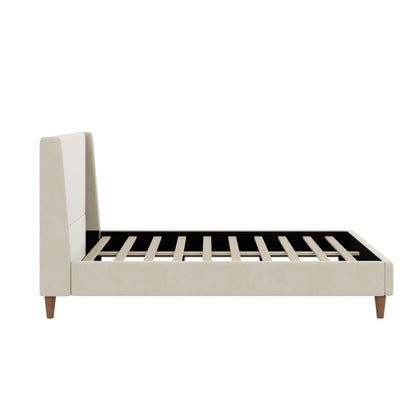Merax Velvet Queen Size Bed Frame with Wingback Headboard, Solid Wood Upholstered Platform with Round Legs, No Box Spring Needed, Beige