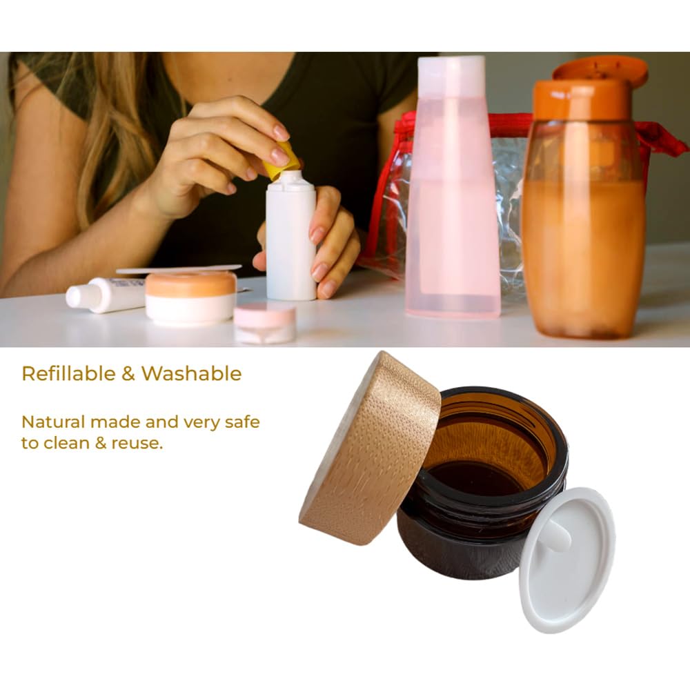 BEECO GIF2U Empty Refillable Frosted Glass Cosmetic Skin Care Containers with Bamboo Cover 4 Pack,Spray Bottle,Lotion Pump Bottle,Dropper Bottle and Cream Jar for Cosmetic Storage(Brown)