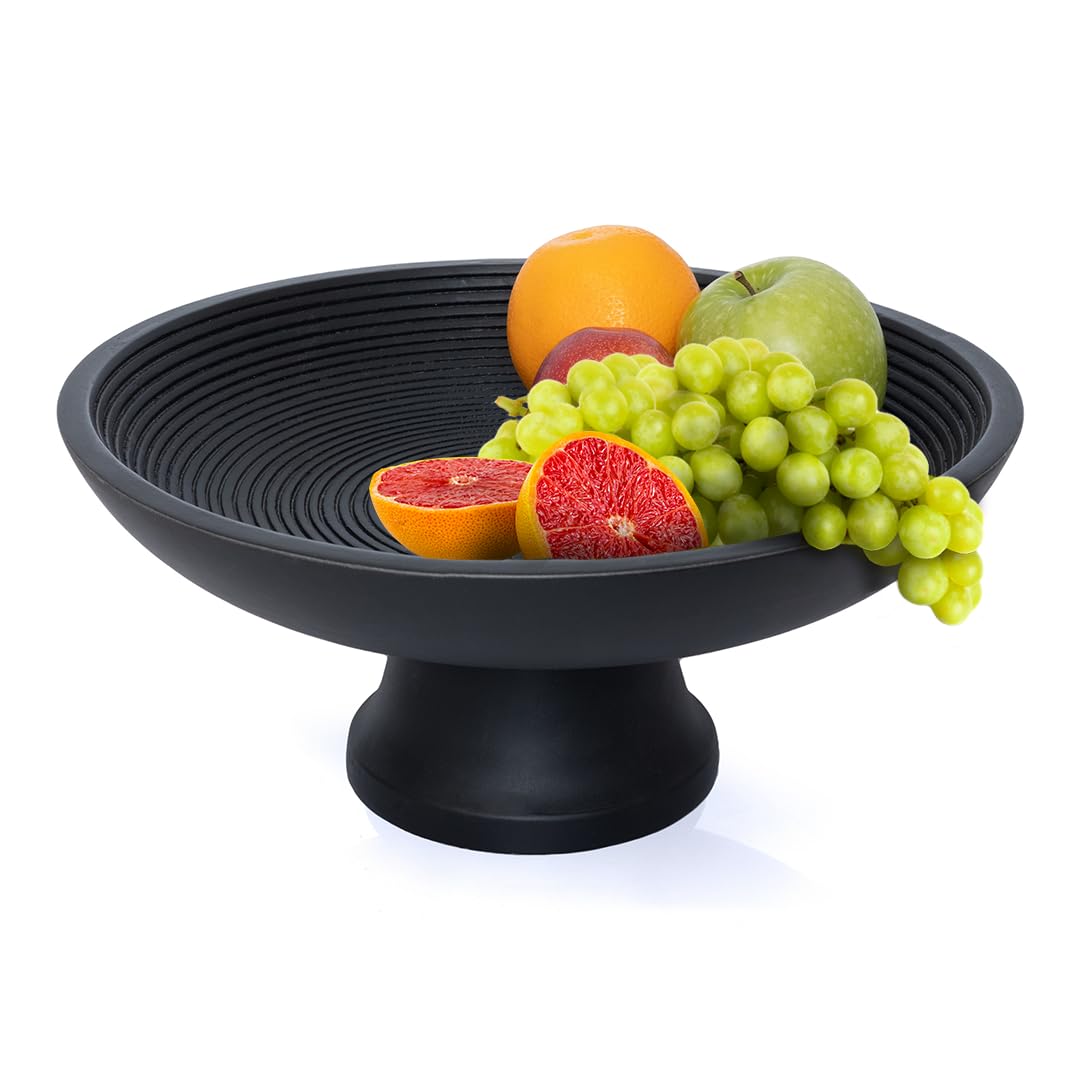 Folkulture Wooden Fruit Bowl for Kitchen Counter | 12" Large Premium Eco Friendly Banana Fruit Basket for Kitchen | Black Wood Bowl with Holder, Pedestal for Table Decor, Mothers Day Gifts