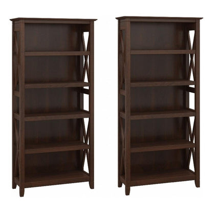 Bush Home Key West 5 Shelf Bookcase - Set of 2 | Tall Bookshelves in Bing Cherry | Sturdy Display Shelves for Library, Living Room, and Home Office