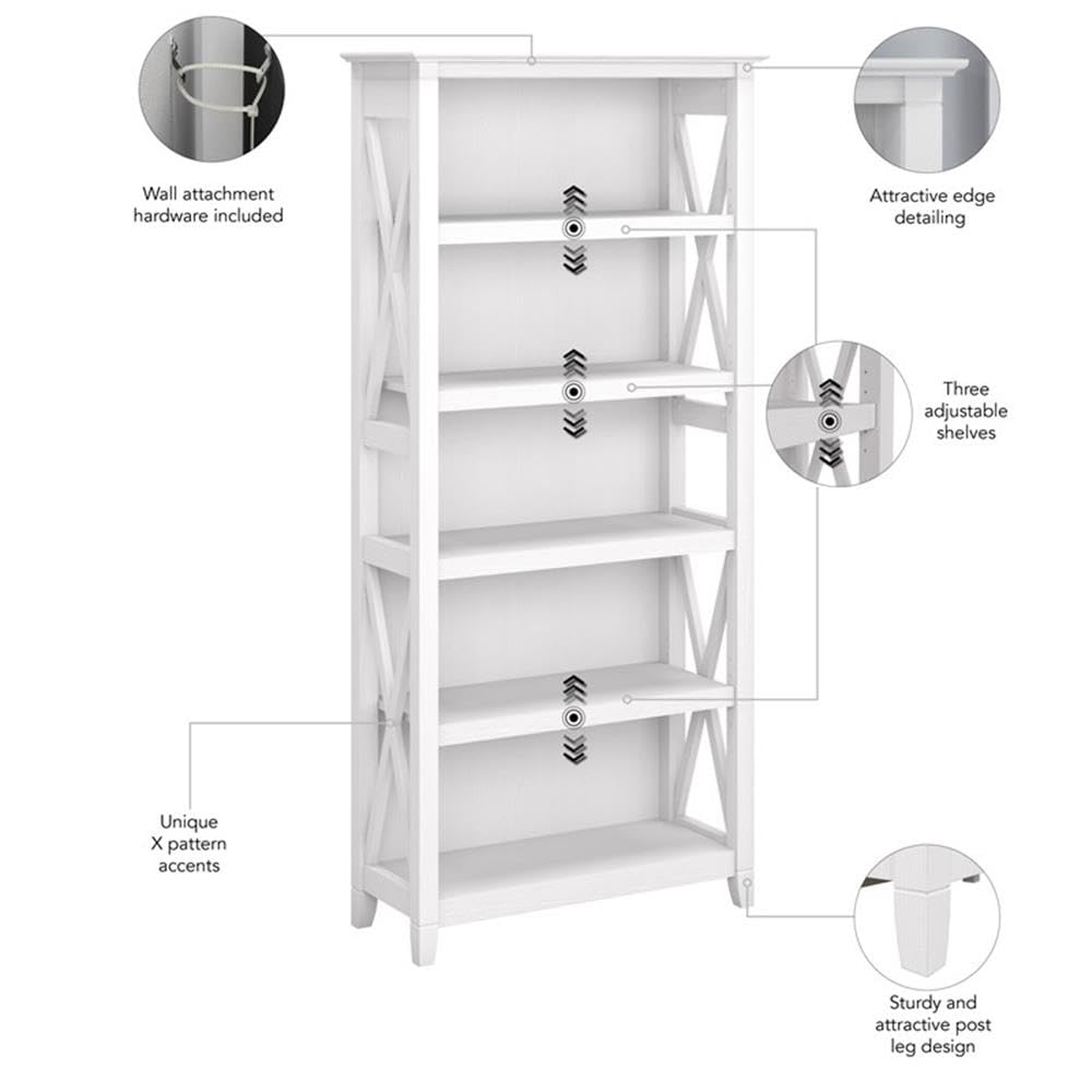 Bush Home Key West 5 Shelf Bookcase - Set of 2 | Tall Bookshelves in Pure White Oak | Sturdy Display Shelves for Library, Living Room, and Home Office