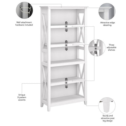 Bush Home Key West 5 Shelf Bookcase - Set of 2 | Tall Bookshelves in Pure White Oak | Sturdy Display Shelves for Library, Living Room, and Home Office