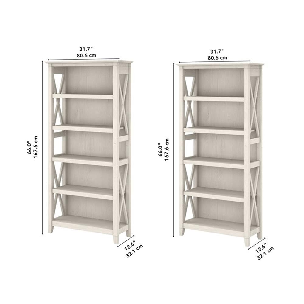 Bush Home Key West 5 Shelf Bookcase - Set of 2 | Tall Bookshelves in Linen White Oak | Sturdy Display Shelves for Library, Living Room, and Home Office