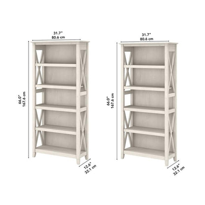 Bush Home Key West 5 Shelf Bookcase - Set of 2 | Tall Bookshelves in Linen White Oak | Sturdy Display Shelves for Library, Living Room, and Home Office