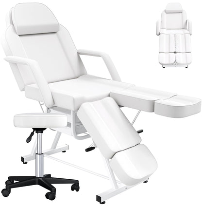 Facial Chair Tattoo Chair for Client, Facial Bed Esthetician Adjustable Massage Table with Headrest & 360° Rolling Stool, Split Legs Design, Lash Bed for Salon Spa Massage Equipment, Elegant White