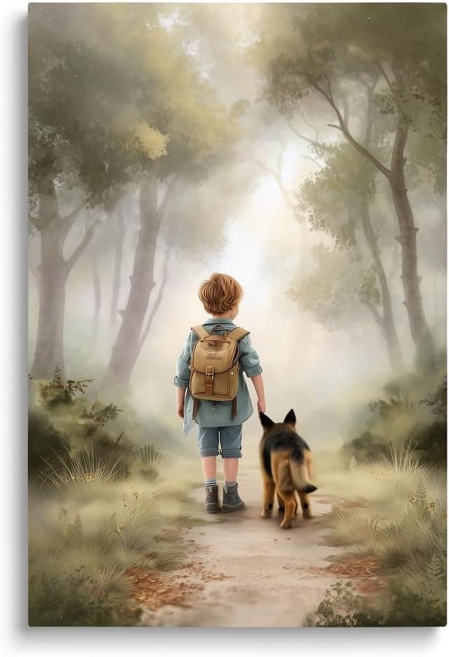 SKYSUKEY 16"x24" Boy and Dog Friend German Shepherd Dog Adventure Nursery Wall Decor, Outdoor Forest Nursery Wall Art