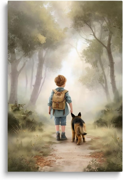 SKYSUKEY 16"x24" Boy and Dog Friend German Shepherd Dog Adventure Nursery Wall Decor, Outdoor Forest Nursery Wall Art