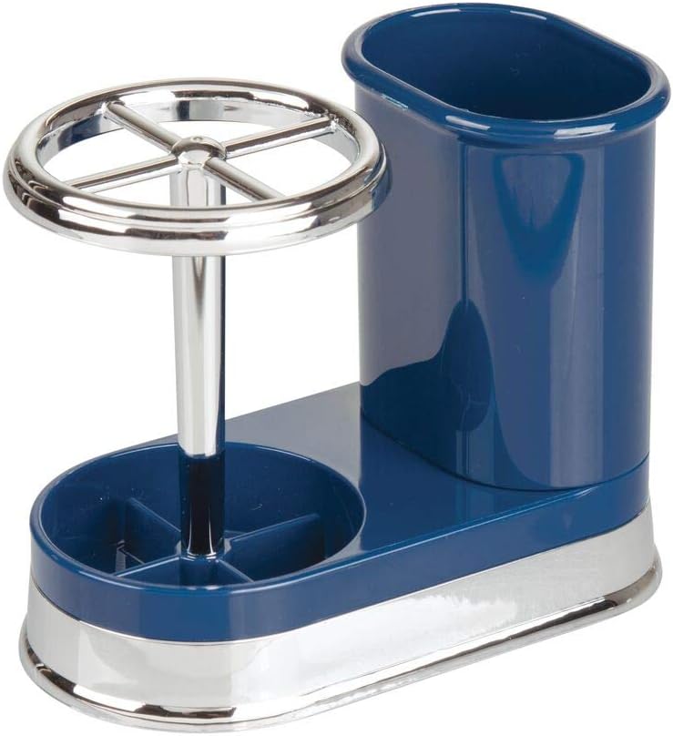 mDesign Decorative Bathroom Dental Storage Organizer for Electric Spin Toothbrush/Toothpaste - Navy Blue/Chrome