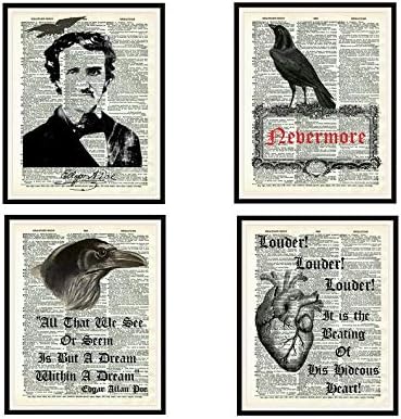 Set of 4 Edgar Allan Poe Art Print Posters - Raven and Tell Tale Heart on Ephemera Dictionary Page (8 x 10")