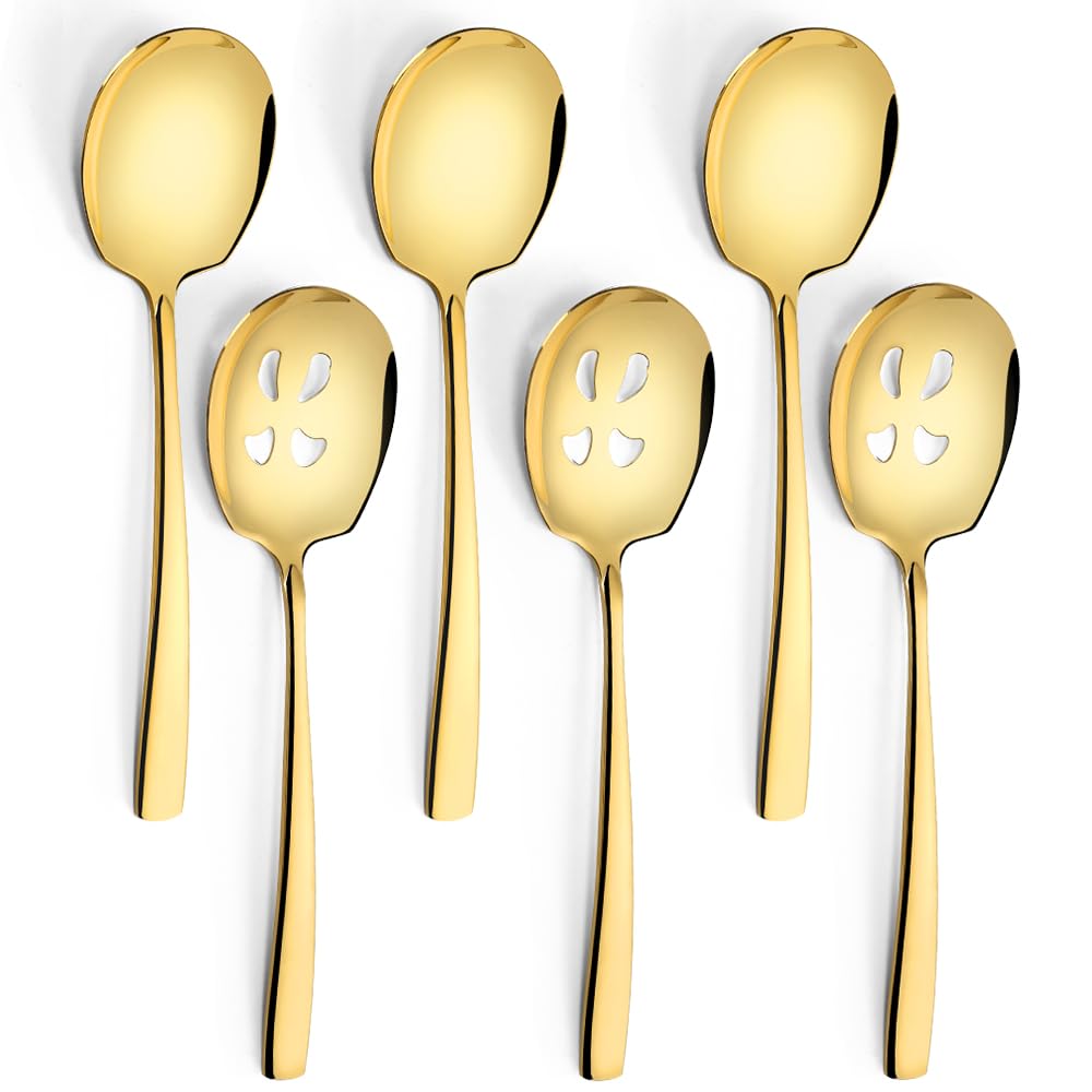 Serving Spoons Set, 9.14 Inch Slotted Spoon Serving Spoon,Stainless Steel Serving Utensils for Buffet(6Pack,Gold)