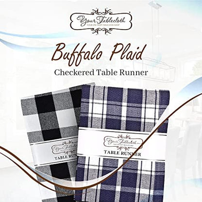 Yourtablecloth Plaid Checkered Table Runner - Washable Indoors or Outdoors (Black and White, 14 x 108)