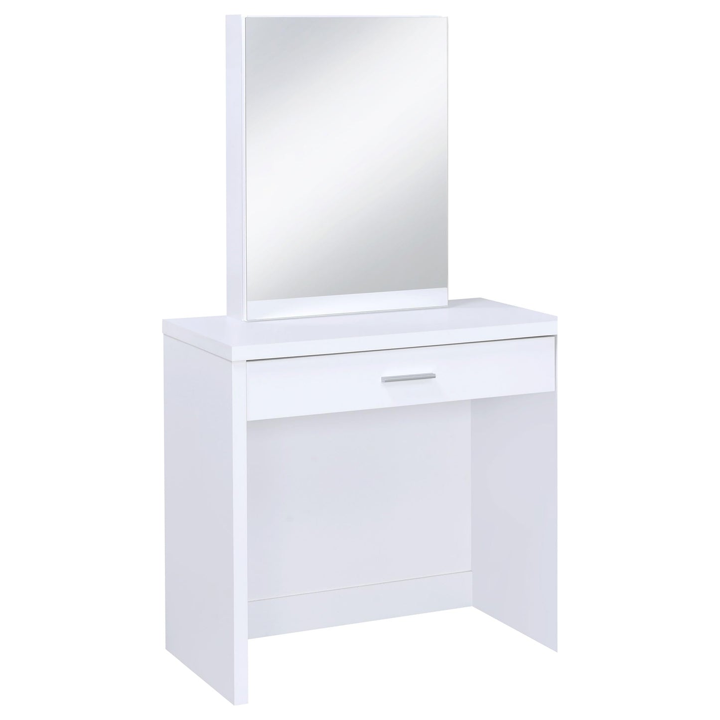 Coaster Home Furnishings Harvey Contemporary 3-Piece 1-Drawer Makeup Vanity Desk with Jewelry Storage Vanity Mirror and White Faux Leather Upholstered Storage Vanity Stool White 300290