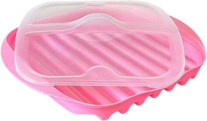 Microwave Bacon Tray with Splatter Lid, Quick and No Mess, Cooker for Crispy Bacon in Minutes, Pink