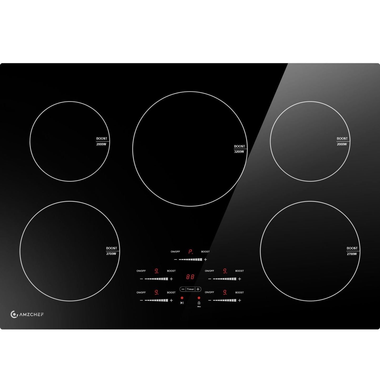 AMZCHEF 30 Inch 10600W Induction Cooktop With 5 BOOST Burners, 9 Levels Electric, Built-in Control by Slide Touchscreen, Child Safety Lock, Independent Timer, No Plug, 240V