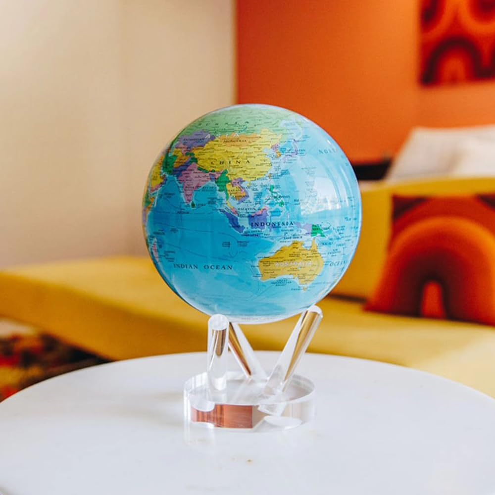 MOVA Globe - Ocean Blue Political Map Classic (4.5") | Rotating World Globe Powered by Light | Educational Home Decor, No Batteries or Wires Needed