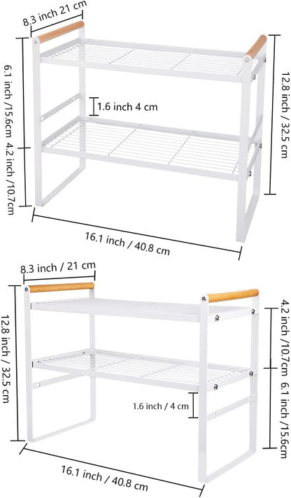 Kitchen Counter Shelf, 2 Tier Space Saving Organizer with Wood Handle, 16.1 x 8.3 x 12.8 Inches (White)