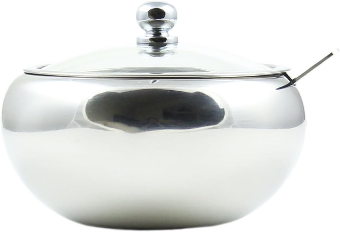 Zoie + Chloe Stainless Steel Sugar Bowl with Glass Lid, Bonus Spoon, 2 Cup Capacity (500ml)
