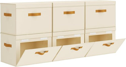 Homsorout Large Storage Bins with Lids - Front Opening Fabric Organizers | Collapsible Beige Baskets, 6 Pack