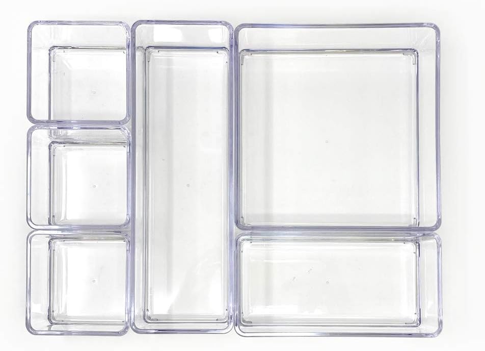 Isaac Jacobs 6-Tray Clear Acrylic Organizer Set, Multi-Purpose Stackable Storage for Makeup, Crafts, Office & More