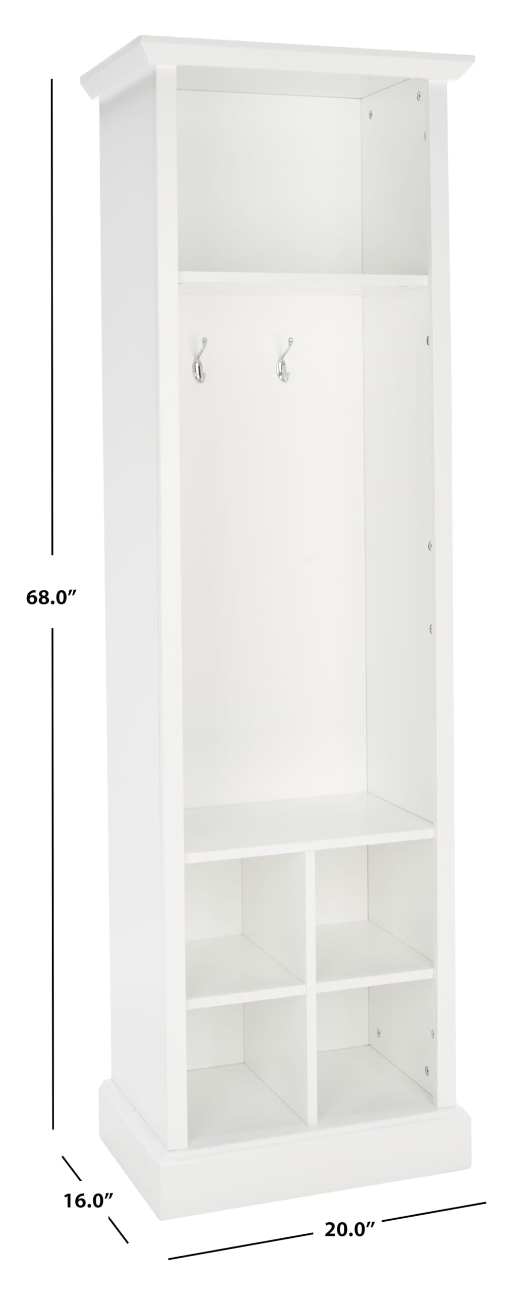 SAFAVIEH Home Collection Surrey Farmhouse Antique White 6-Shelf 2-Hook Bottom Storage Hall Tree (Fully Assembled)