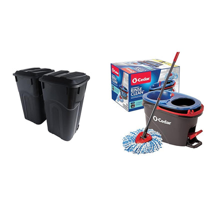 United Solutions 32 Gallon 2 Pack Outdoor Trash Can Bundle with O-Cedar EasyWring Microfiber Spin Mop and Bucket Floor Cleaning System