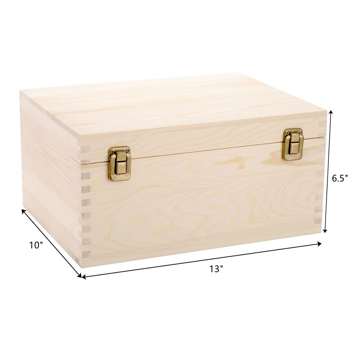 Frcctre Extral Large Unfinished Wooden Box, 13 x 10 x 6.5 inch Natural Unfinished Pine Wood Box with Hinged Lid and Front Clasp for DIY Craft Art Hobbies and Home Storage