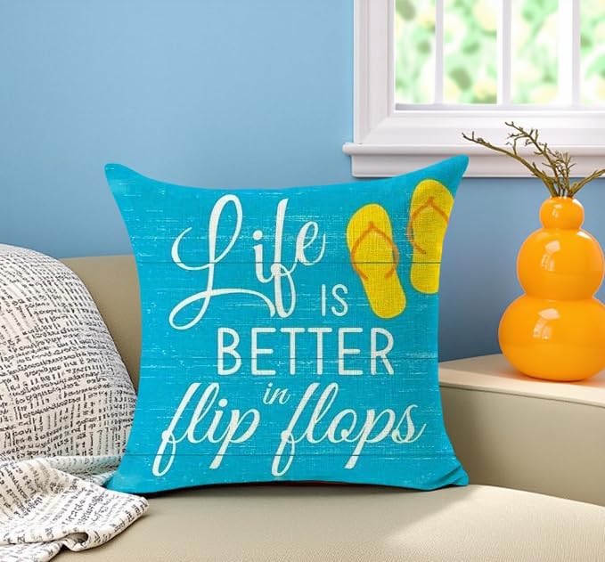 Bnitoam Summer Beach Phrases Cotton Linen Square Decorative Throw Pillow Cover, 18 x 18 inch, for Sofa Bed Couch