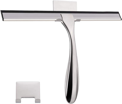 Stainless Steel Shower Squeegee, 14 Inch for Shower Doors, Bathroom, Mirrors, Tiles, Car Windows with 2 Hooks (Silver)
