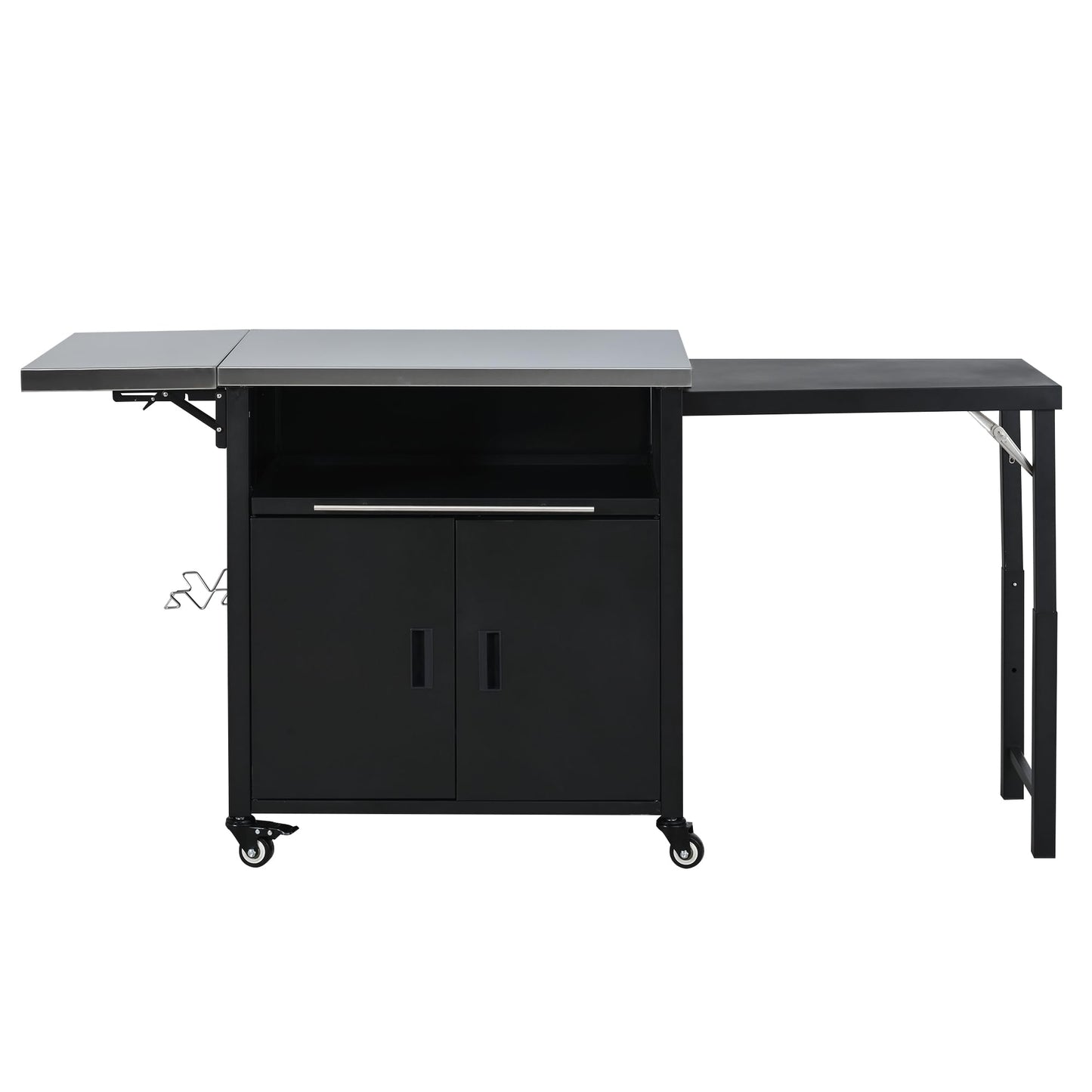 Outdoor Folding Kitchen Cart with Dual Stainless Steel Tops, Rolling Grill Prep Table with Cabinet Drawer and Trash Rack, Portable BBQ Serving Cart with Lockable Wheels for Patio Backyard, Black