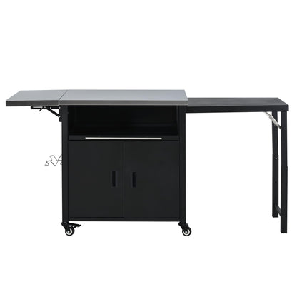 Outdoor Folding Kitchen Cart with Dual Stainless Steel Tops, Rolling Grill Prep Table with Cabinet Drawer and Trash Rack, Portable BBQ Serving Cart with Lockable Wheels for Patio Backyard, Black