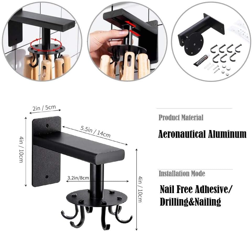 Kitchen Cooking Tool Utensil Holder, iNenya Black Rotating Spatula Holder with 6 Hooks for Hanging