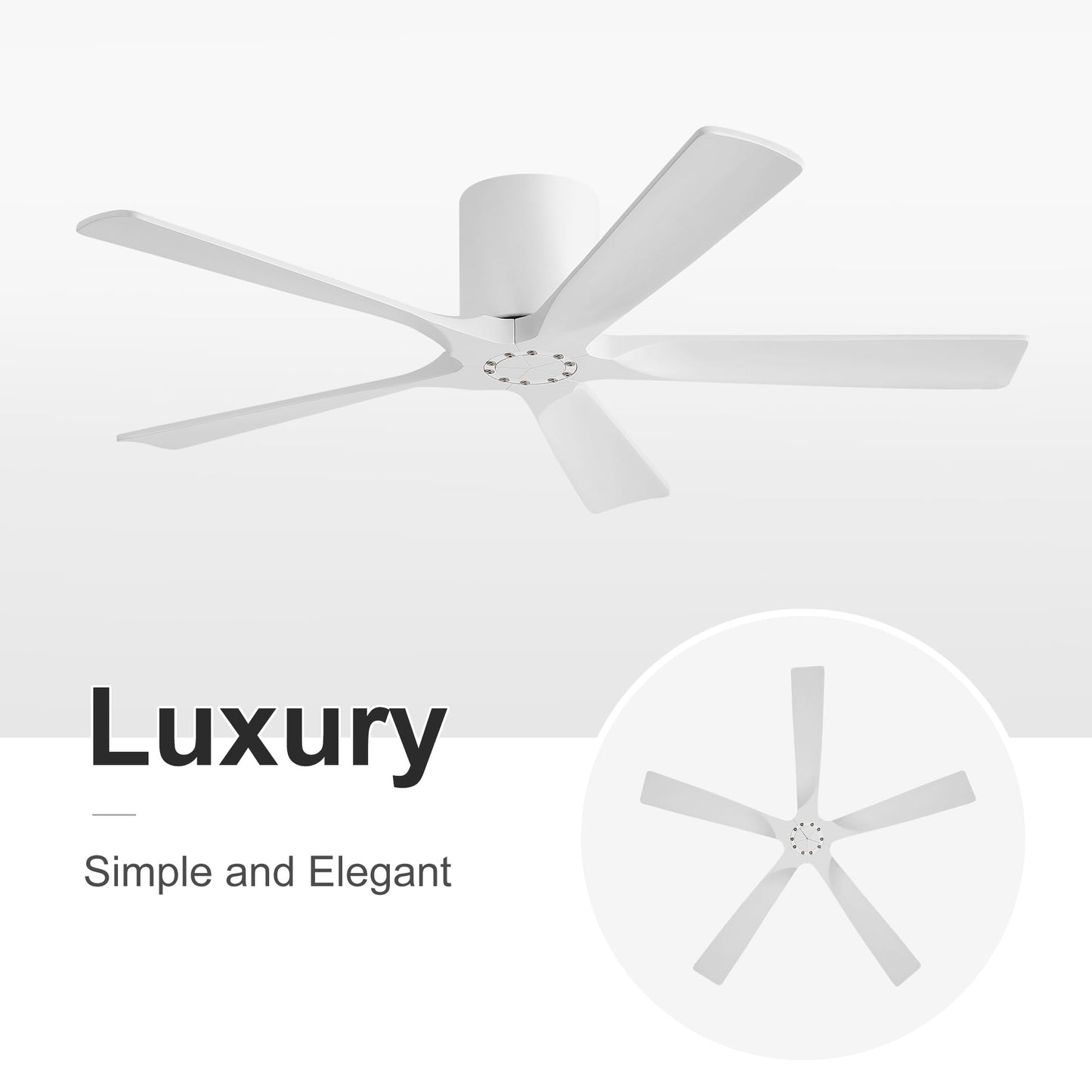 LEDLUX 52 Inch Flush Mount Ceiling Fan No Light - 5 Solid Wood Blades, 6-Speed Reversible DC Motor, Noiseless Low Profile Ceiling Fan without Light for Bedroom Living Room, White