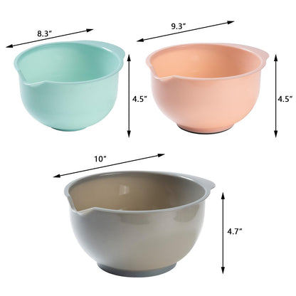 Cheeren Set of 3 Mixing Bowls with Pour Spout-Nesting Design Saves Space - Non-Slip, BPA Free, Dishwasher Safe Plastic - Kitchen Cooking and Baking Supplies (Green Pink Grey)