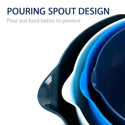 BoxedHome Nesting Plastic Mixing Bowl Set With Pour Spout, Microwave and Dishwasher Safe, BPA free Non-Slip Base, Set of 4 Size 1.7, 2.5, 3.5 and 4.5qt, Great for Prepping, Baking, Cooking (Dark Blue)