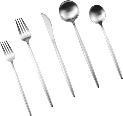 Silver Flatware, Royal 5 Piece Luxury Matte Finish 18/10 Stainless Steel Tableware Set for 1 Including Forks, Spoons,