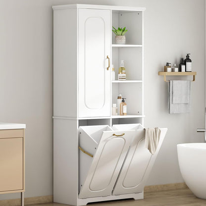 68" Bathroom Storage Cabinet with Double Tilt Out Laundry Hamper, Tall Freestanding Linen Cabinet with Adjustable Shelves & Door Organizer, Hidden Laundry Sorter for Bathroom Laundry Room, White,White