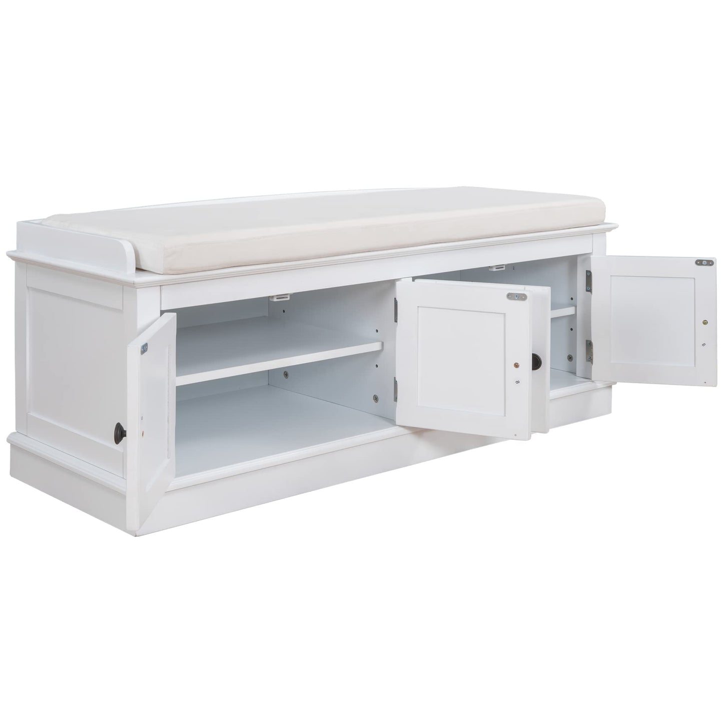 GDFStudio Jasd Storage Bench with 4 Doors and Adjustable Shelves, Removable Cushion Bench Ottoman, Solid Wood Frame Storage Ottoman, Rectangular Cabinet with Seating for Living Room Entryway, White