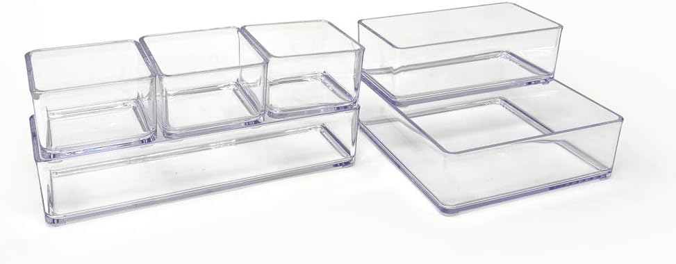 Isaac Jacobs 6-Tray Clear Acrylic Organizer Set, Multi-Purpose Stackable Storage for Makeup, Crafts, Office & More