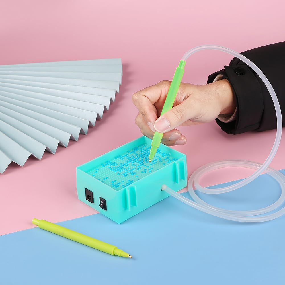 Vacuum Diamond Painting Pen Kit - Electric Bead Picker Upper Tool with Storage Tray, No Wax Needed, USB Powered Rhinestone Applicator for Round/Square Drills, DIY Art Craft Accessories (Green-01)