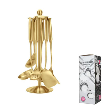 Premium 7-Piece Gold Kitchen Utensil Set with Stand, Stainless Steel Cooking Tools- Dishwasher Safe Ladle, Spoon, Spatula, Pasta Fork, Luxury Brass Kitchen Accessories for Home Chefs (Gold)