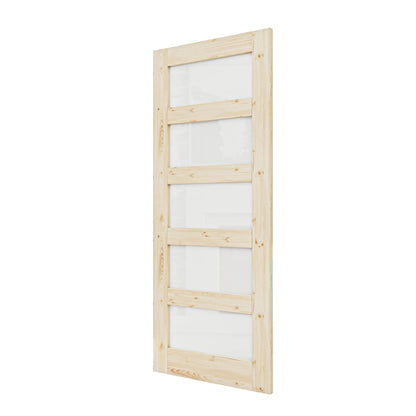 36" x 80" Pine Wood Slab Door, 5-Panel Frosted Glass Interior Doors, Single Room Door for Closet & Bedroom, Farmhouse Style as Prehung, Pocket, Bifold, Barn Doors, Easy DIY Stain, Shaker w/o Hardware