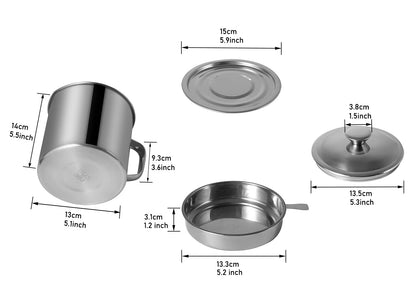 Tellshun Bacon Grease Container with Strainer 1.8 L / 60 oz Kitchen Catcher Food-grade Stainless Steel Cooking Oil Keeper with Lid and Easy-Grip Handle Suitable for Storing Frying Oil