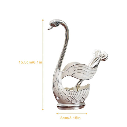 Decorative Gold Swan Base Holder with 6pcs Coffee Spoon Set - Creative Dessert Spoons,Silver