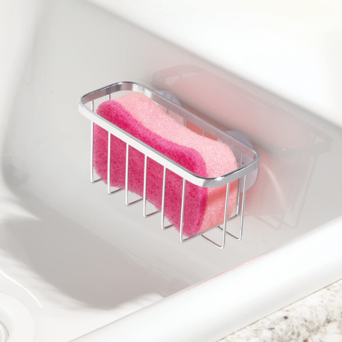 iDesign Gia Stainless Steel Dish Sponge Holder Basket with Suction Cups, Ideal for Kitchen Sinks and Bathroom Organization, 2.25"D x 2.5"W x 5.75"H, Set of 1, Polished