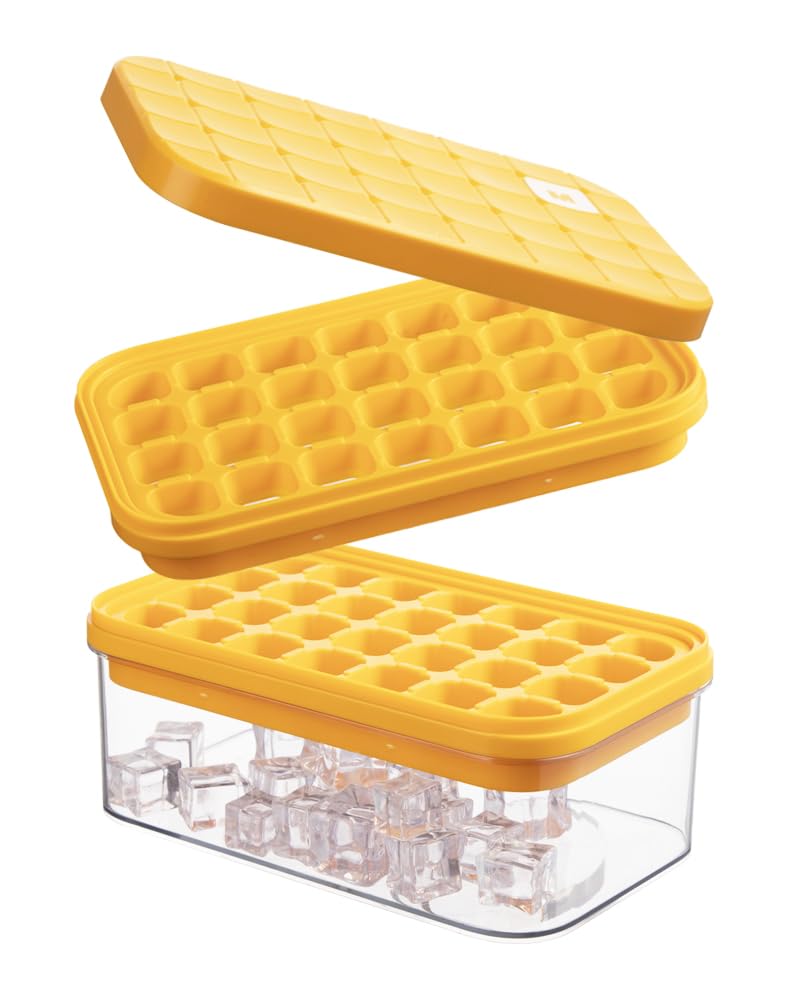 Brigii Ice Cube Tray with Lid&Bin, Ice Cube Mold with 56 Cubes, Stackable Ice Trays for Freezer with Easy-Release Silicone Bottom, for Drinks, Coffee, cocktail