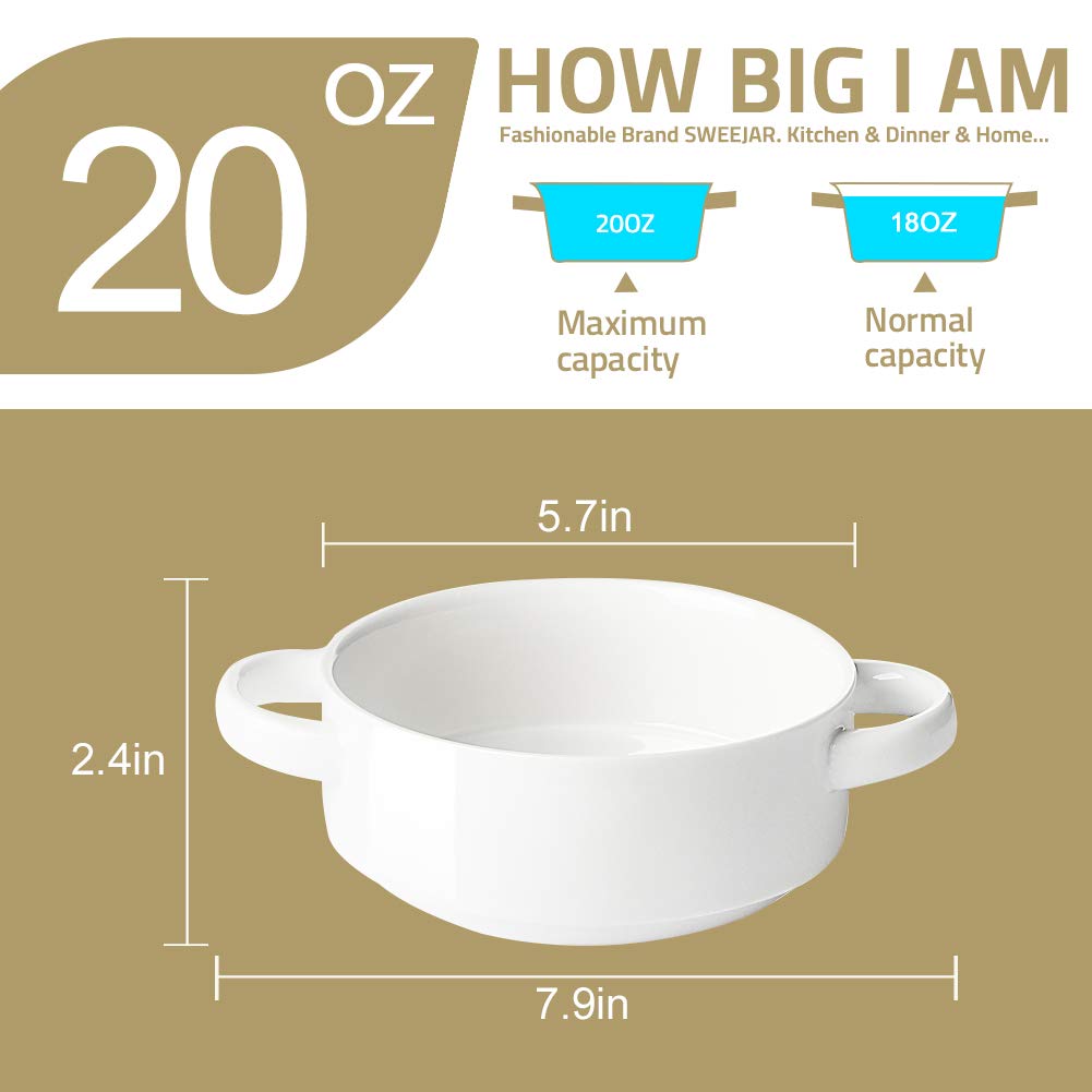 Sweejar Ceramic Soup Bowls with Double Handles, 20 Oz Stacked Bowls for French Onion Soup, Cereal, Pot Pies, Stew, Chill, Pasta, Set of 4 (White)