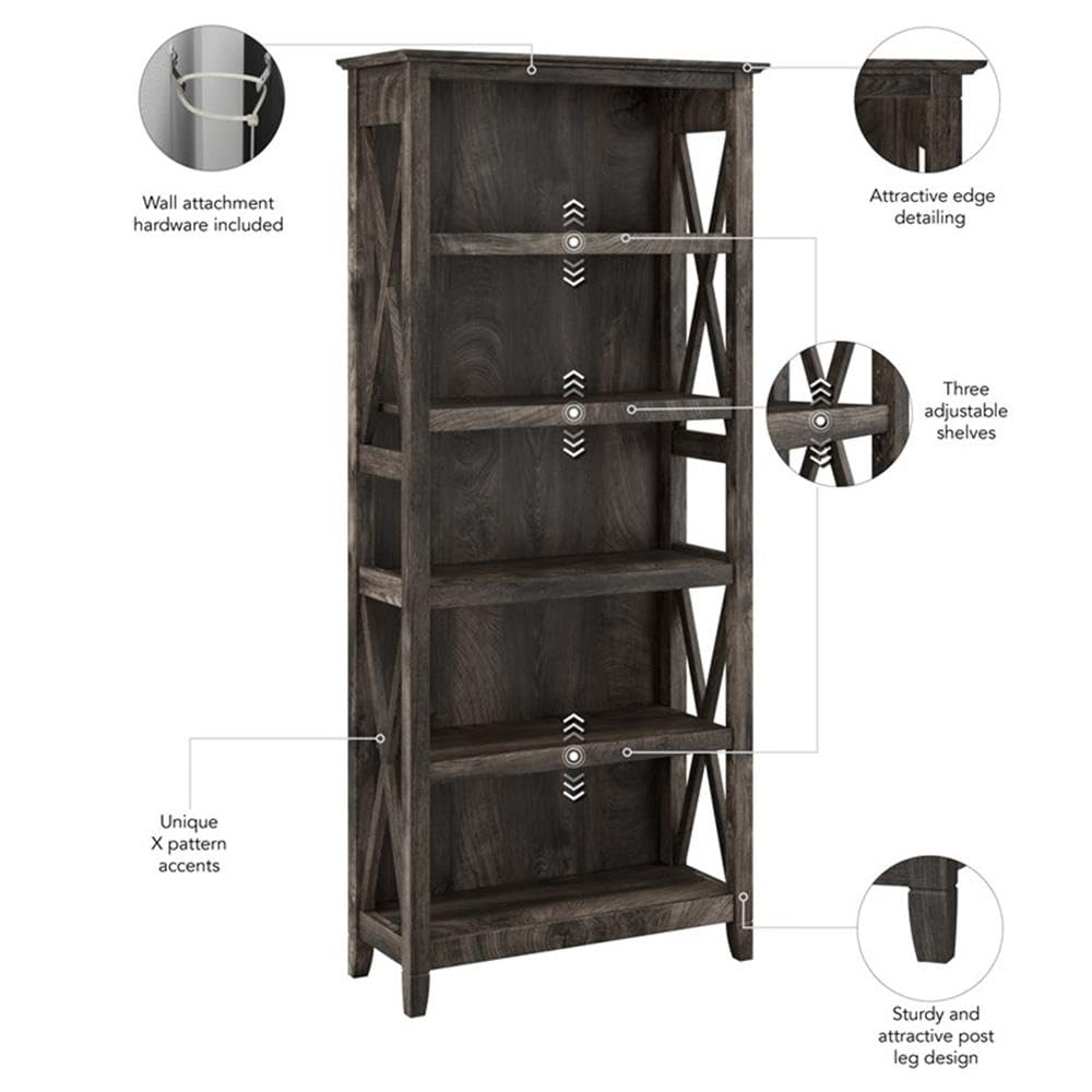 Bush Home Key West 5 Shelf Bookcase - Set of 2 | Tall Bookshelves in Dark Gray Hickory | Sturdy Display Shelves for Library, Living Room, and Home Office