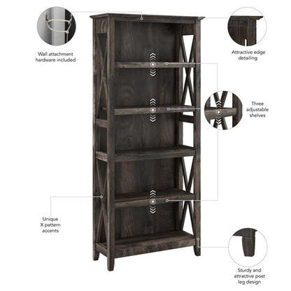 Bush Home Key West 5 Shelf Bookcase - Set of 2 | Tall Bookshelves in Dark Gray Hickory | Sturdy Display Shelves for Library, Living Room, and Home Office